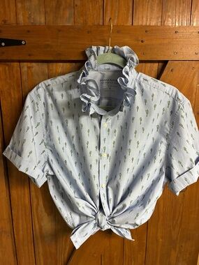 Banana Republic Light Blue Cactus Print Ruffle Tie-Front Blouse